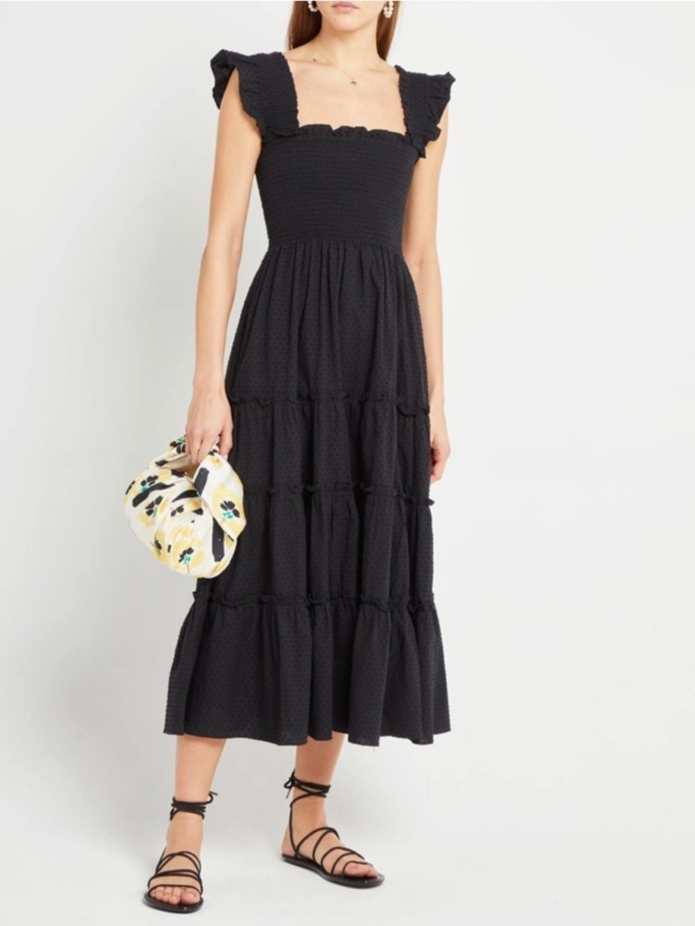 KOURT Black Smocked Midi Dress with Ruffle Straps